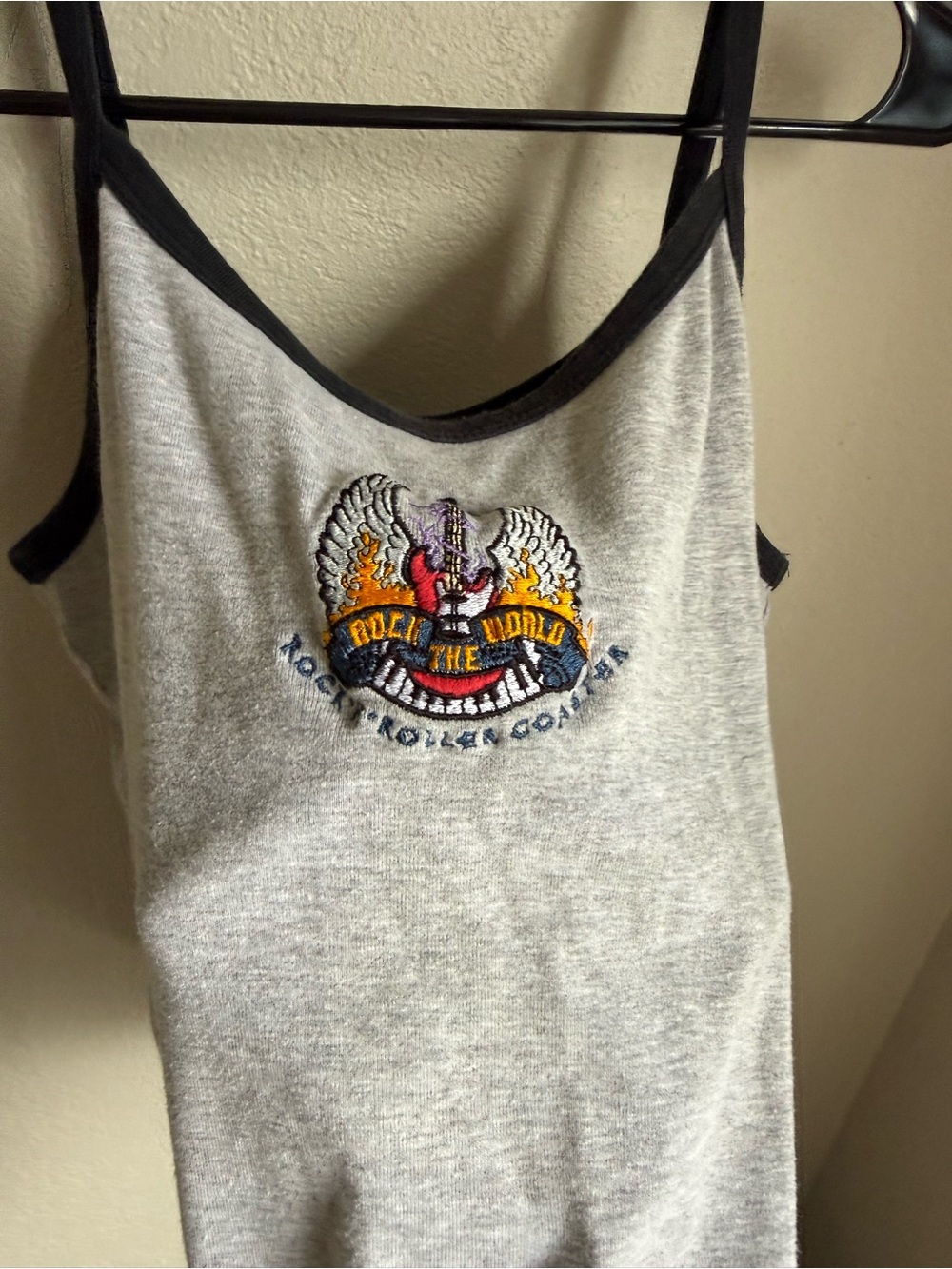 Gray Ribbed Tank Top with Embroidered Rock Graphic